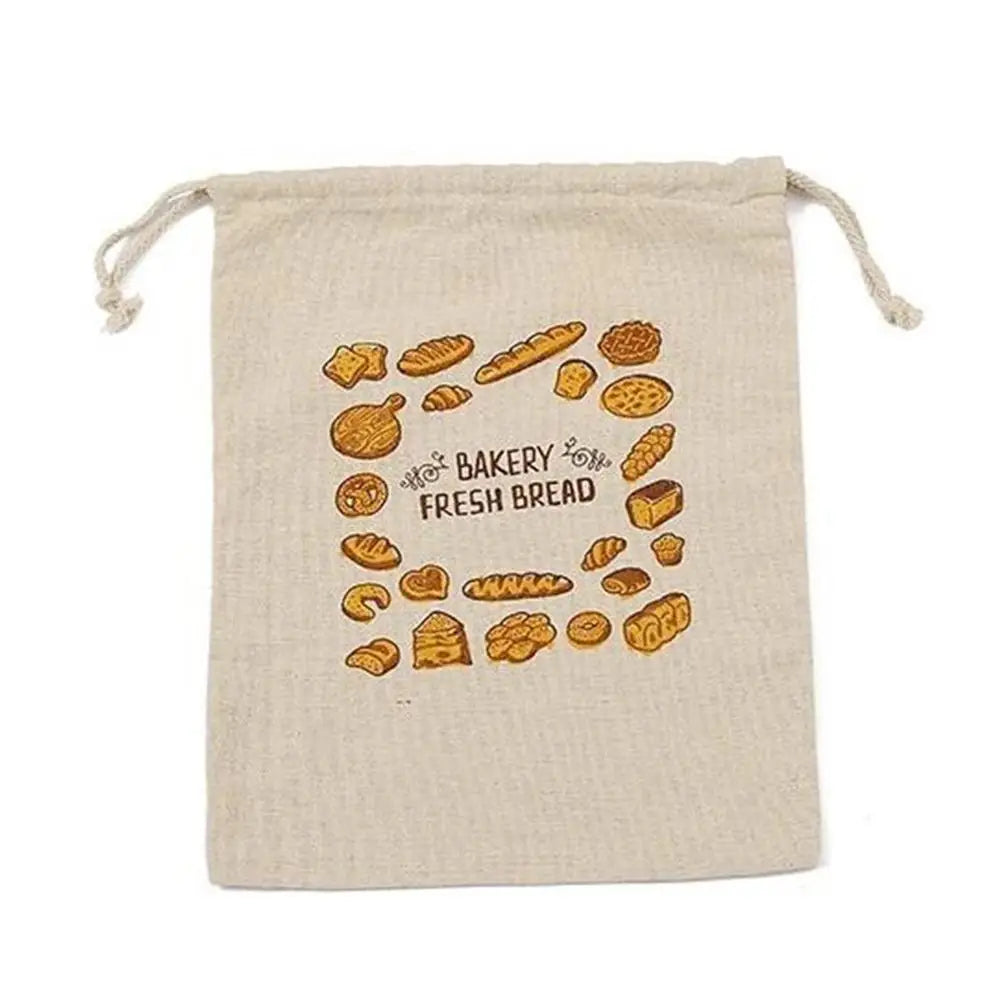 Sac à pain en lin réutilisable beige avec motifs de pains variés et cordon de fermeture