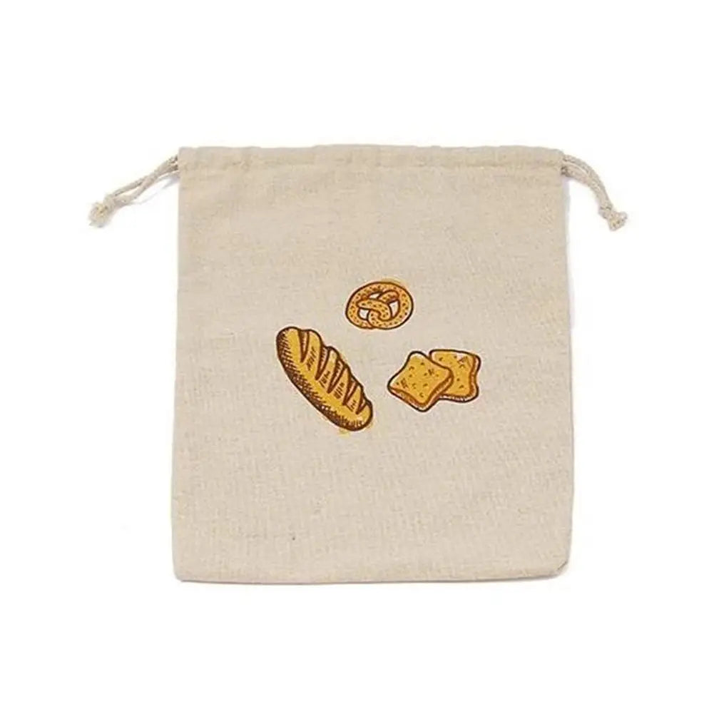 Sac à pain en lin réutilisable beige avec illustrations de pain sur le devant