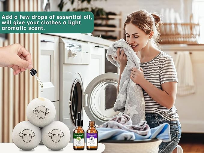 Femme utilisant des balles de séchage en laine naturelle avec gouttes d'huile essentielle pour parfumer le linge