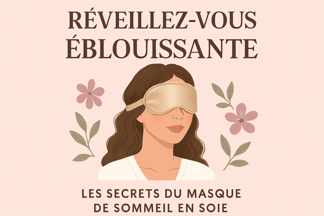 Femme portant un masque de sommeil en soie avec des fleurs autour illustrant comment choisir un masque de sommeil écologique