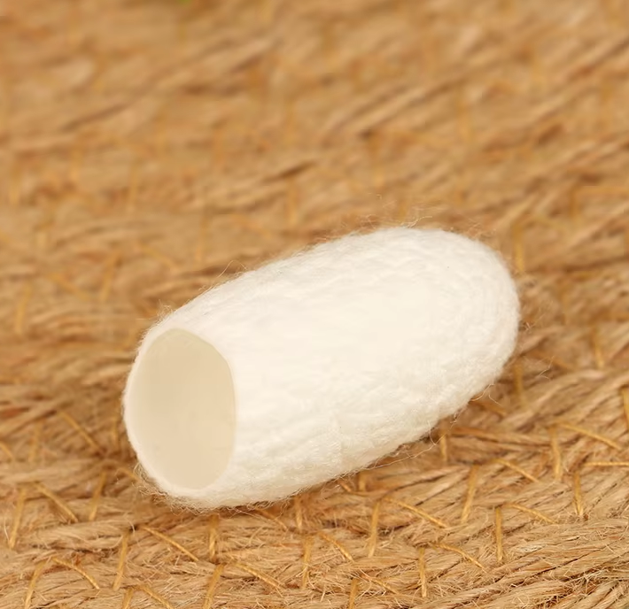 Gros plan d'un cocon de soie naturelle visage blanc posé sur une surface en fibre naturelle