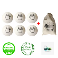 Balles de séchage en laine naturelle FLOWZA avec sac en jute, parfaites pour un séchage écologique.