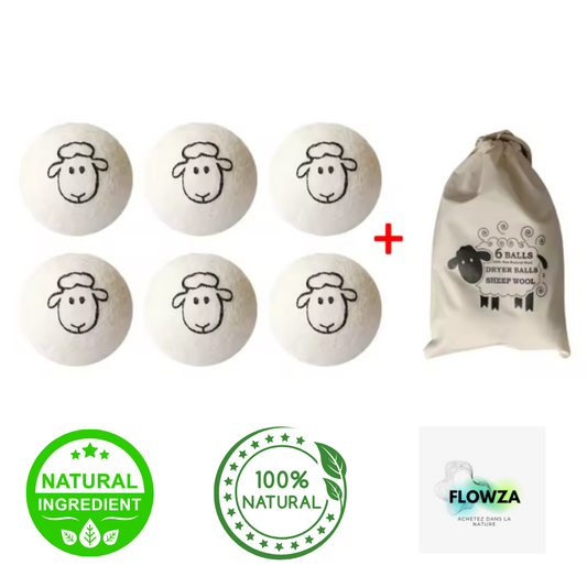 Balles de séchage en laine naturelle FLOWZA avec sac en jute, parfaites pour un séchage écologique.