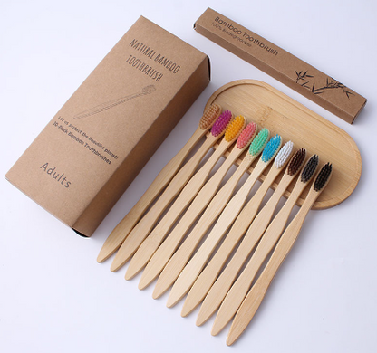 Ensemble de brosses à dents bambou écologique Flowza avec poils colorés et emballages recyclables