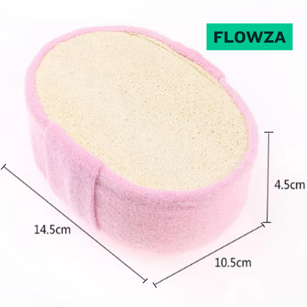 Éponge luffa bio FLOWZA naturelle avec housse rose et dimensions 14,5x10,5x4,5 cm