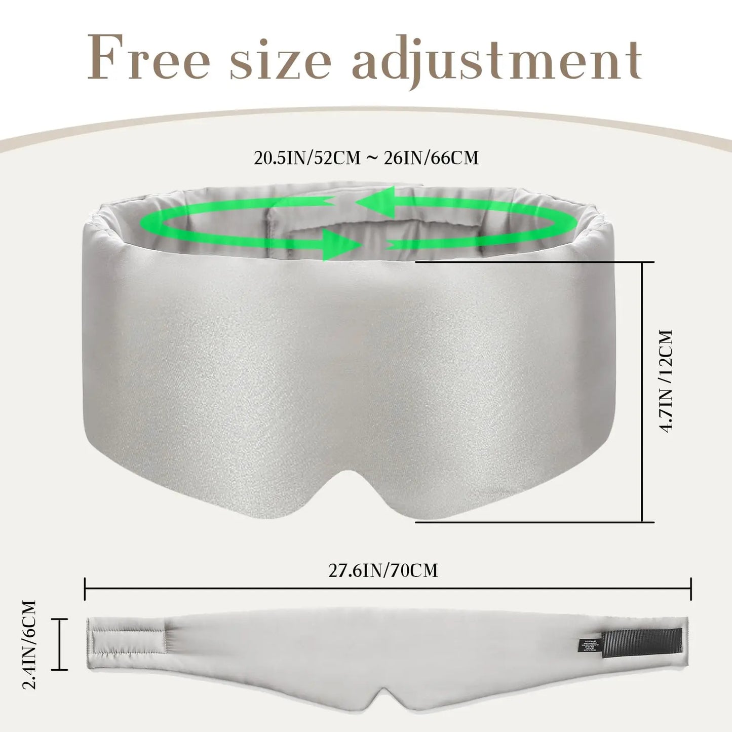 Masque de sommeil en soie mûrier gris avec ajustement taille libre et design confortable