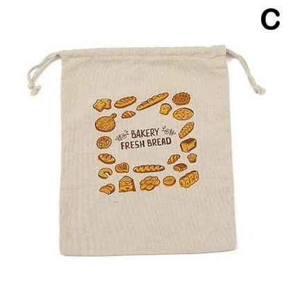Sac à pain en lin réutilisable beige avec motifs de pains et message Bakery Fresh Bread