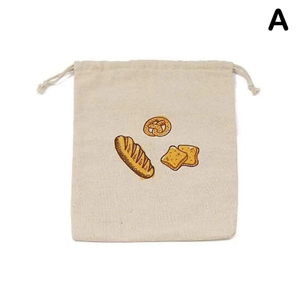 Sac à pain en lin réutilisable naturel avec cordon de serrage et motifs de pain imprimés