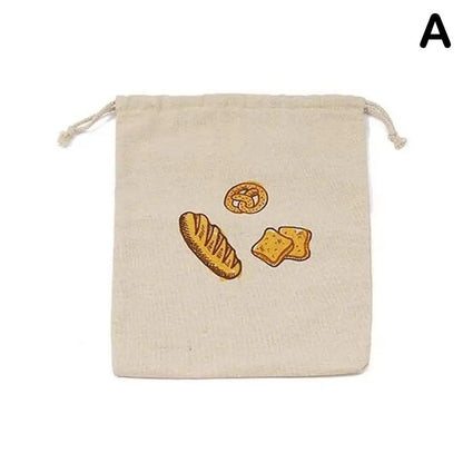 Sac à pain en lin réutilisable naturel avec cordon de serrage et motifs de pain imprimés